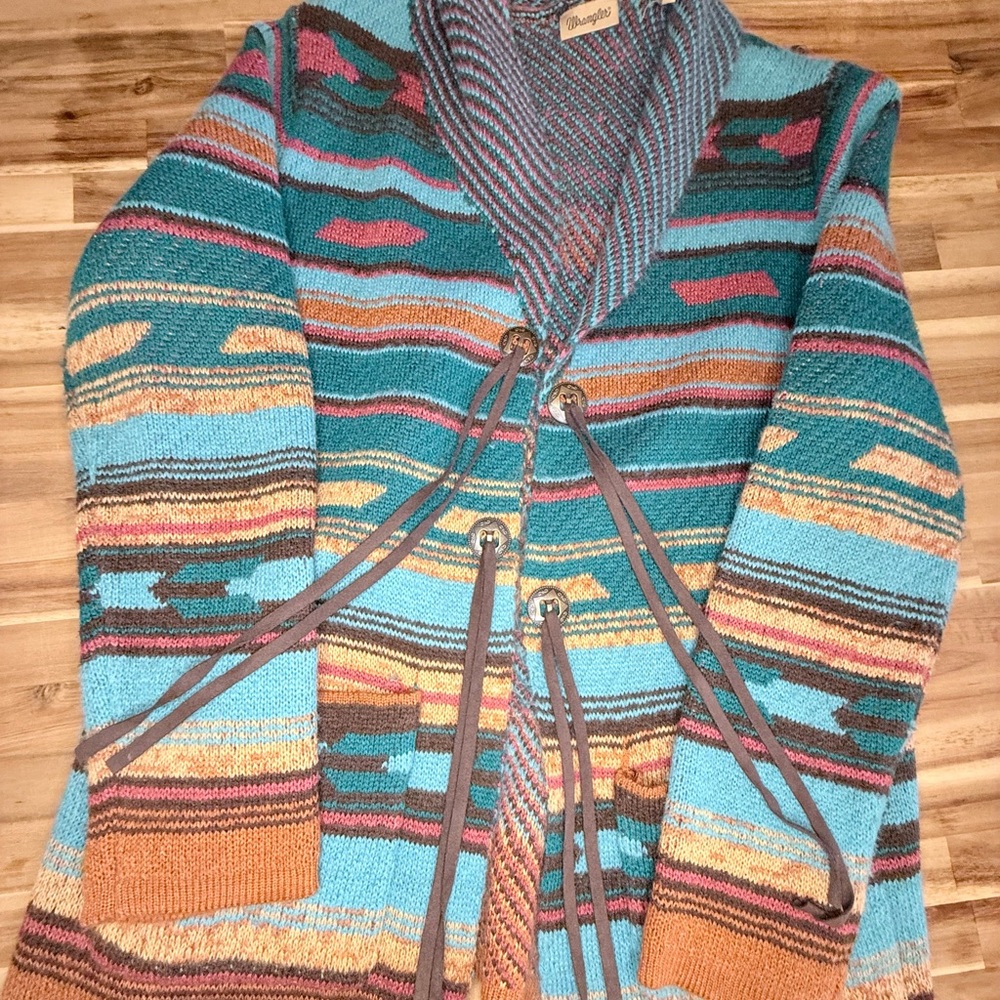 Wrangler Teal Multicolor Striped Shawl-Collar Cardigan
